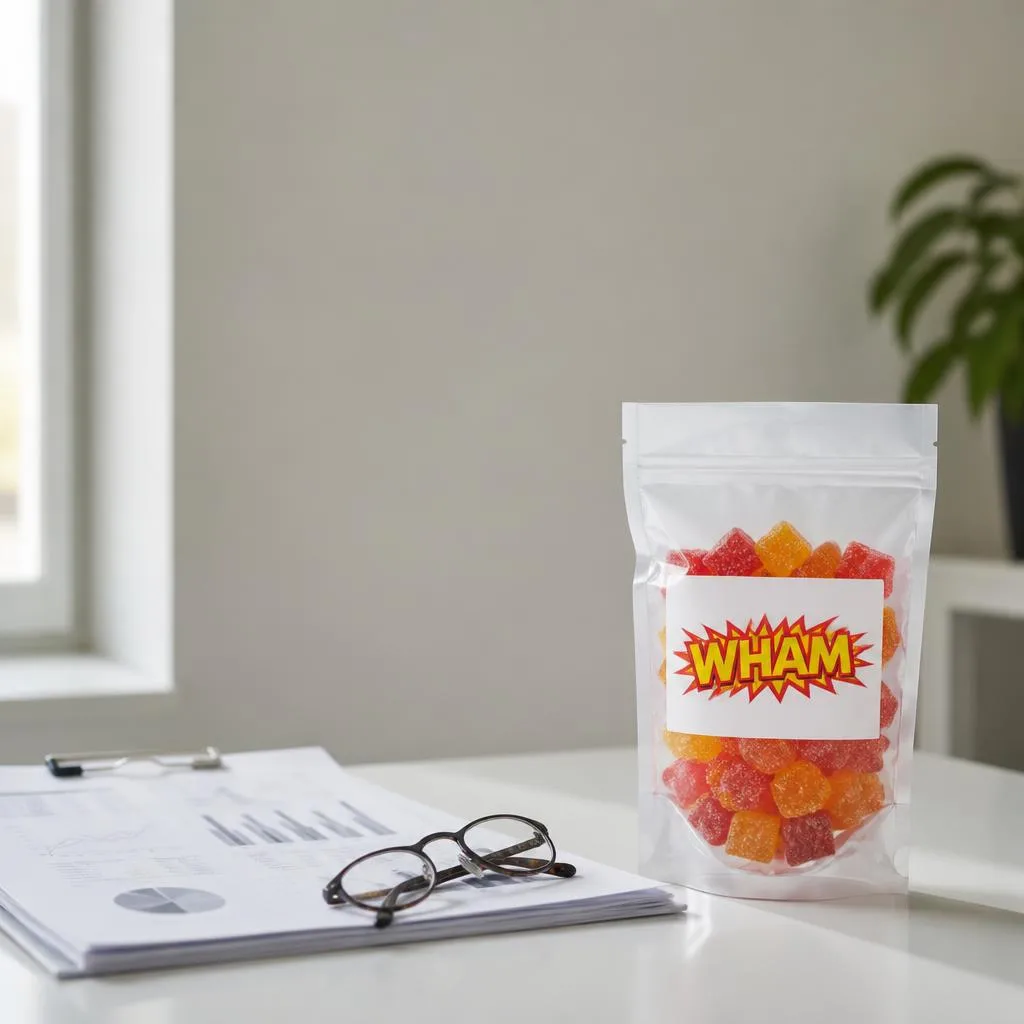 A NexaDistro gummy pack standing upright on a white desk beside a folded lab report and reading glasses.