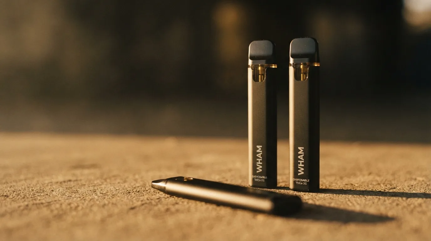 Sleek NexaDistro disposable THCa vape pens arranged on a warm concrete surface, premium product lighting.