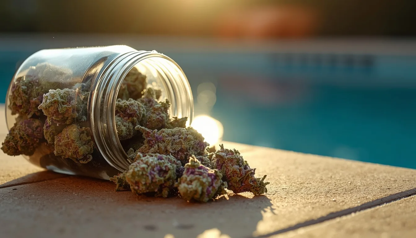 Frosty colorful exotic THCa flower spilling from a jar in golden summer light