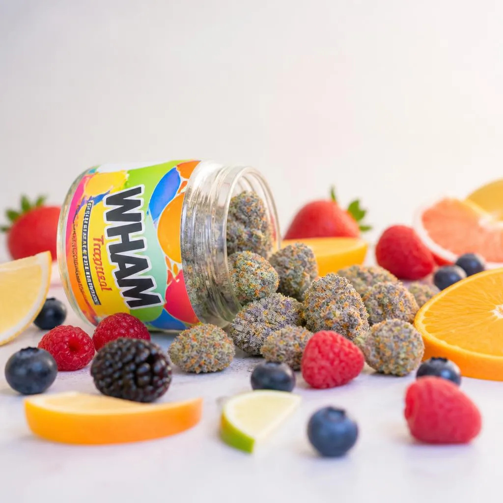 Colorful frosty fruity THCa buds spilling from a NexaDistro jar with fresh berries and citrus.