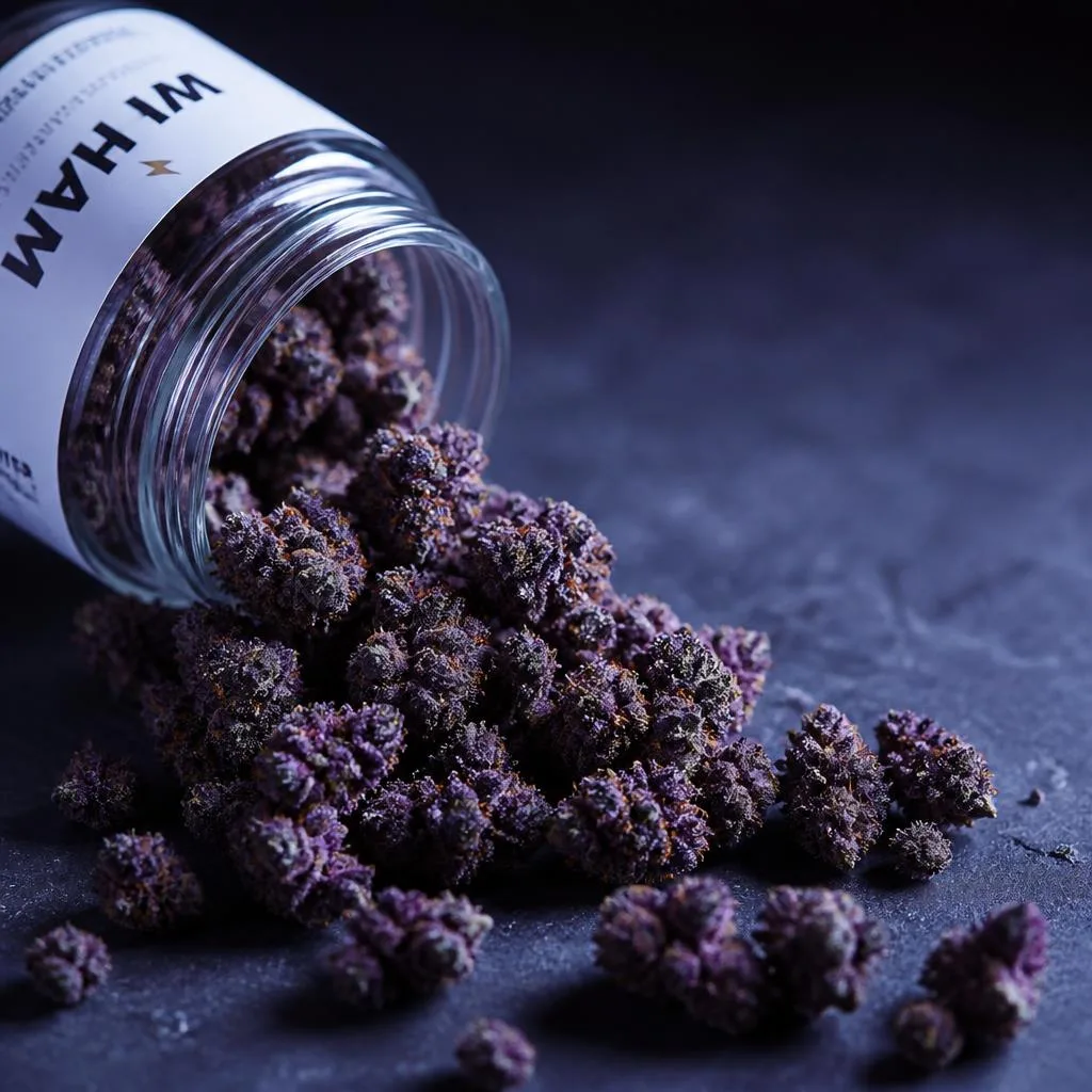 Deep purple THCa flower buds spilling from a NexaDistro glass jar, showing frosty violet coloration.