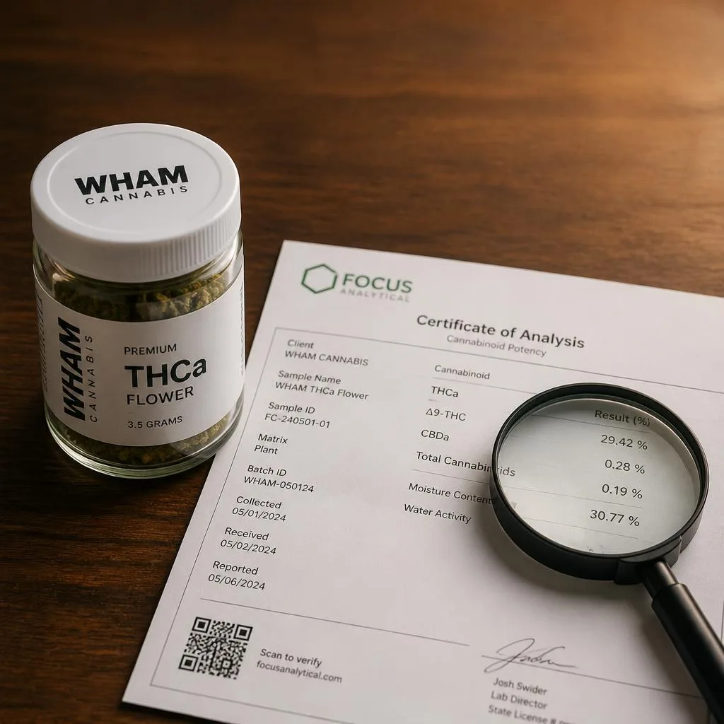 A NexaDistro THCa jar beside a third-party lab report and magnifying glass, illustrating how to verify a legit THCa brand.