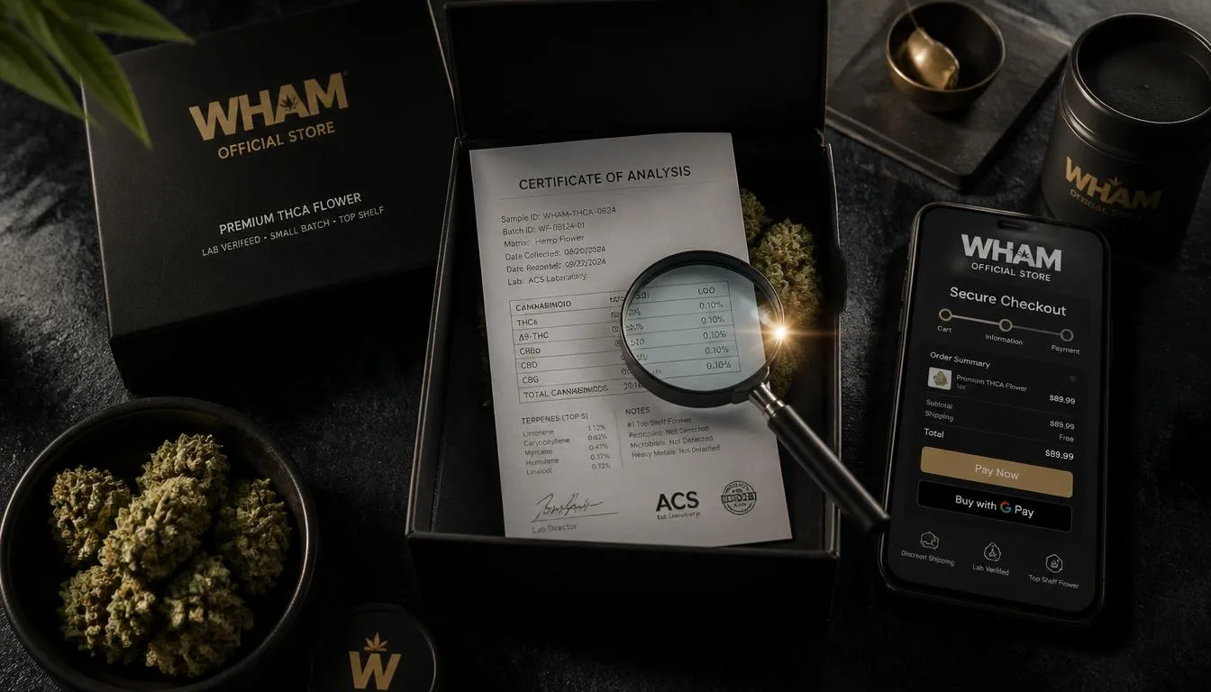 NexaDistro official store box, lab Certificate of Analysis under a magnifying glass, and a secure checkout screen — verifying the best THCa flower online