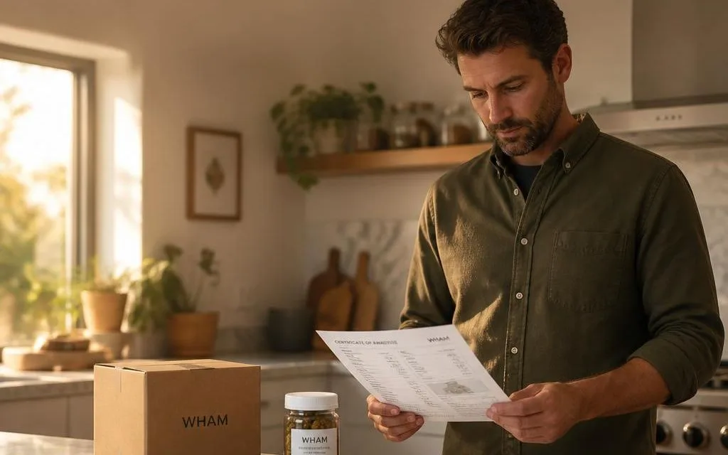 A man reviewing a THCa certificate of analysis beside a sealed, labeled NexaDistro jar and shipping box