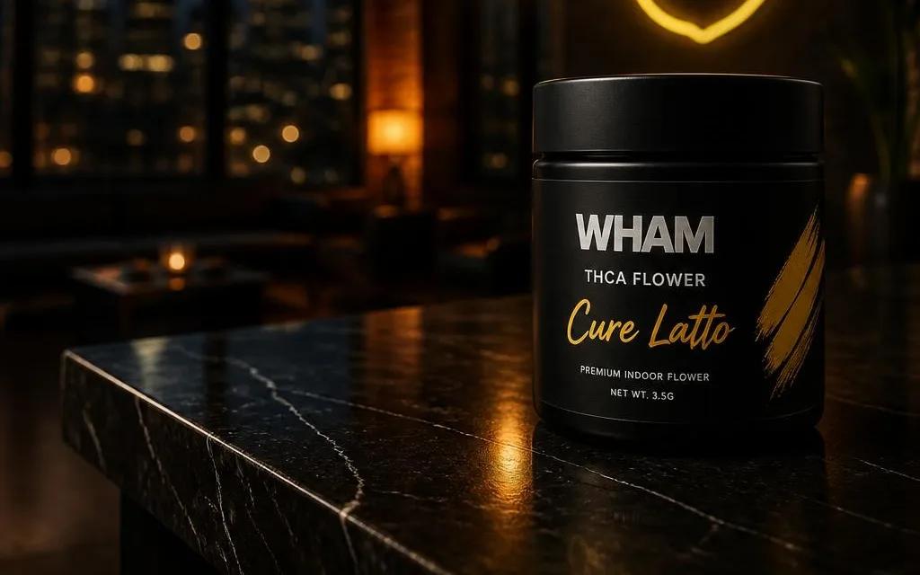 NexaDistro Cure Latto THCa flower jar on a dark marble counter, Atlanta skyline and a glowing ATL neon behind