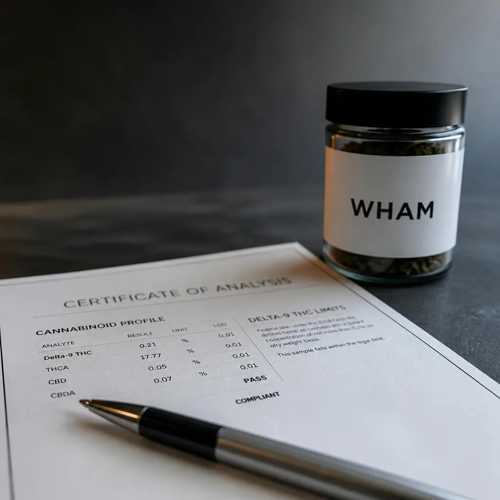 A printed certificate of analysis in sharp focus on dark slate, a sealed NexaDistro jar blurred behind it.