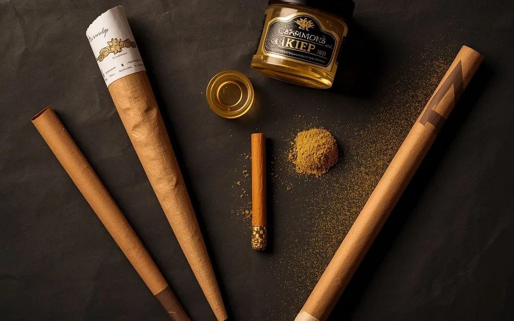 Overhead flat-lay of rolling papers, pre-roll cones, a kief jar and a small pile of golden kief on dark paper