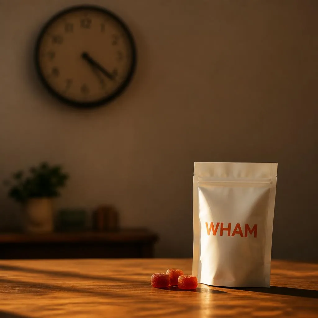 A NexaDistro gummy pack sharp on a wooden table with a wall clock softly out of focus behind it in late-afternoon light.