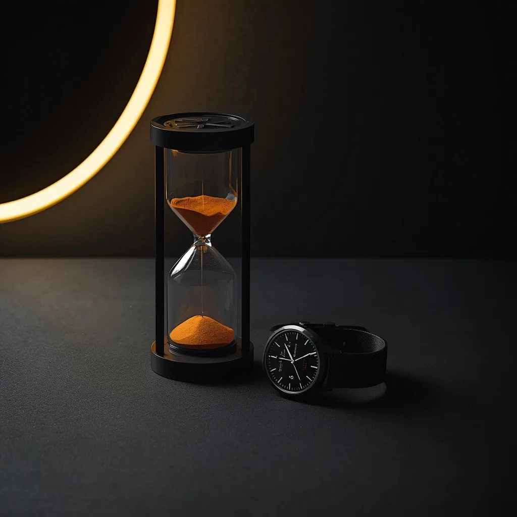 An hourglass and a wristwatch on a dark surface — illustrating how long a THCa high lasts