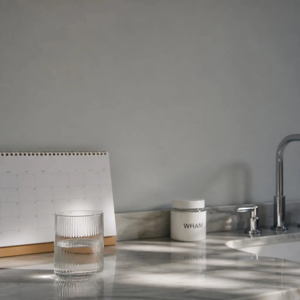 A minimal bathroom counter in cool morning light: a glass of water, a wall calendar out of focus, a NexaDistro jar set back.
