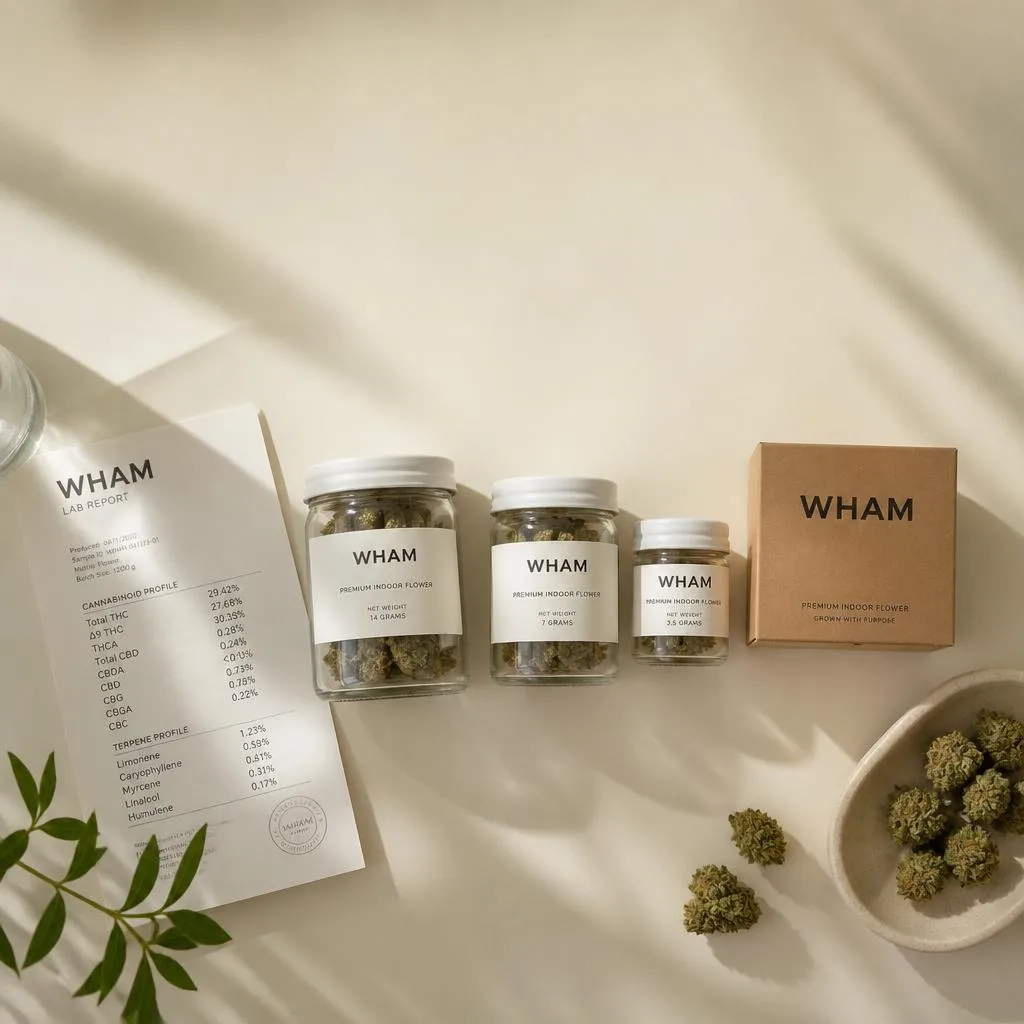 NexaDistro THCa flower jars in multiple sizes beside a lab report, illustrating THCa price by weight.