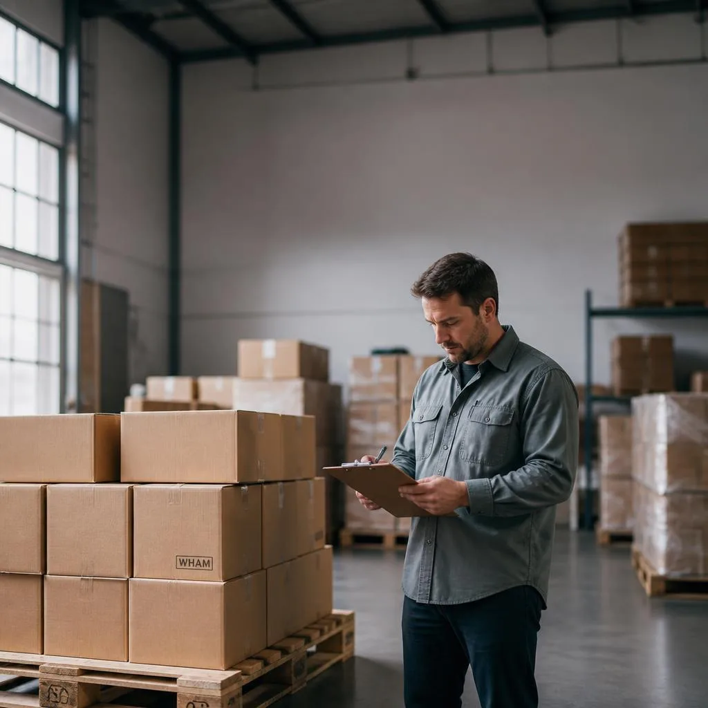 A buyer in a work shirt reviewing a clipboard beside a pallet of plain kraft NexaDistro cartons in a warehouse at morning.