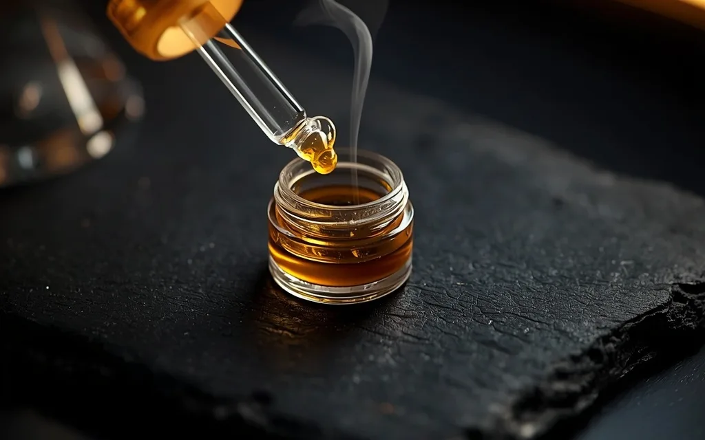 Glass dab tool dripping amber THCa concentrate into a small glass jar on dark slate, a wisp of vapor rising