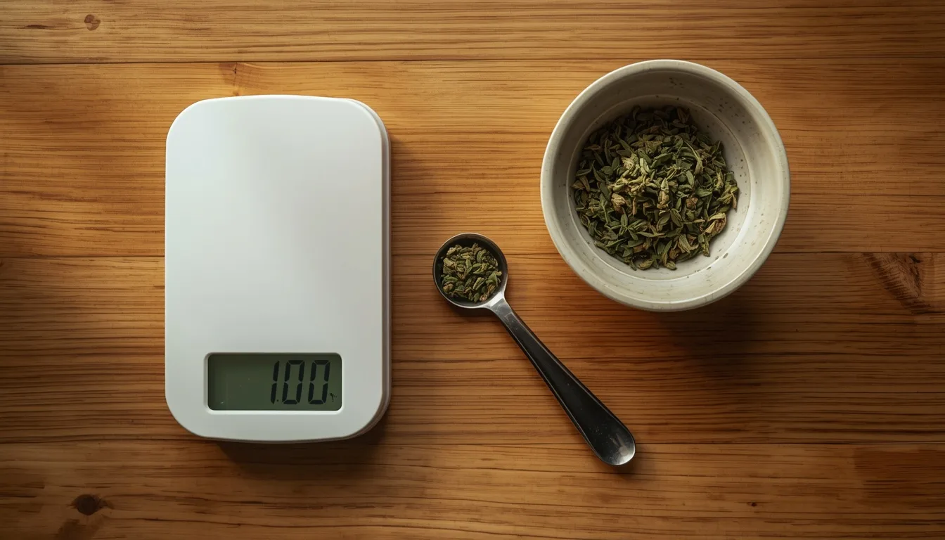 Kitchen scale, measuring spoon and dried herbs, dosing setup