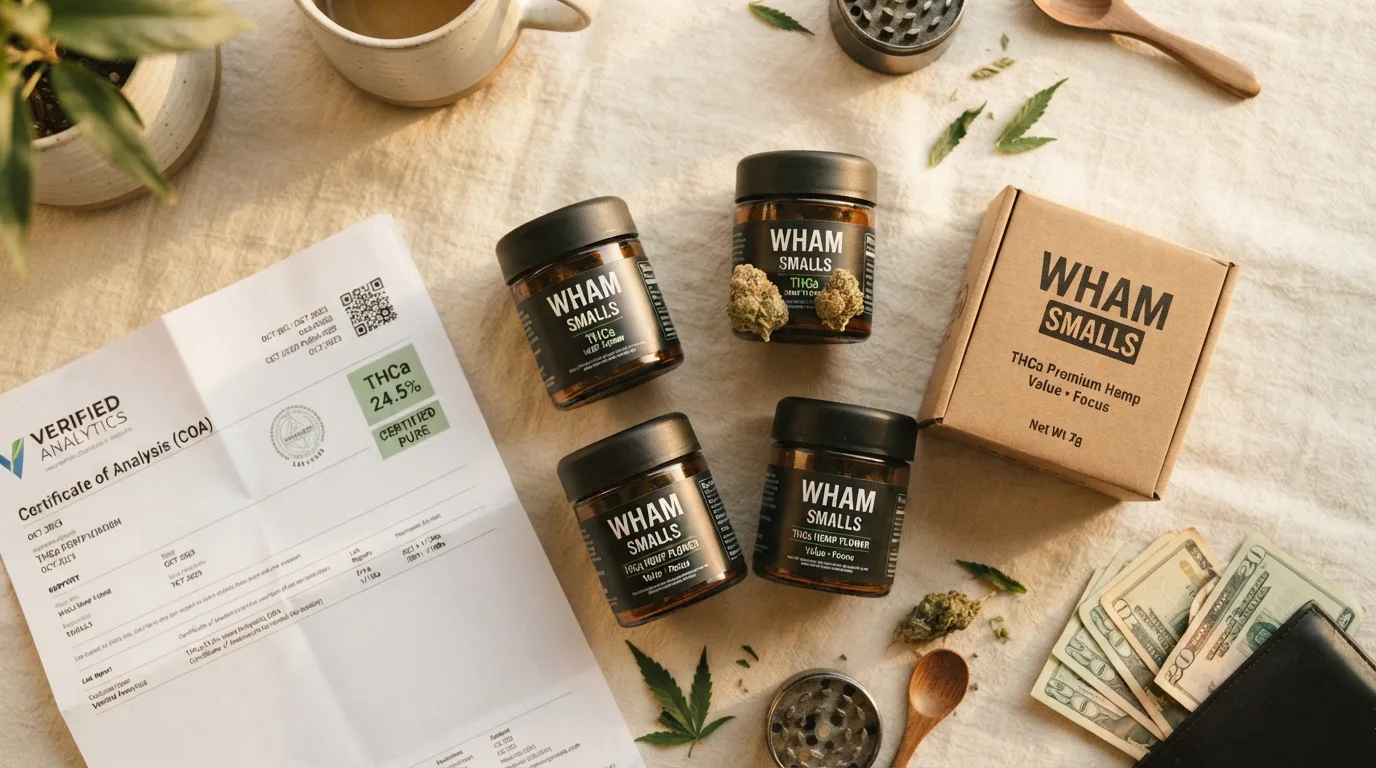 NexaDistro THCa smalls jars and a lab report laid out flat, illustrating how to get the best THCa deals.