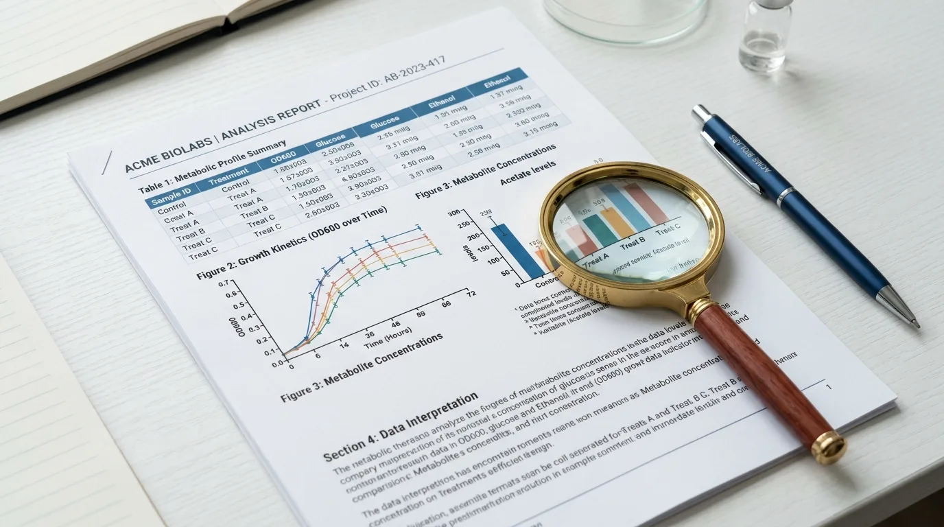 Printed lab report with charts and a magnifying glass on a clean desk