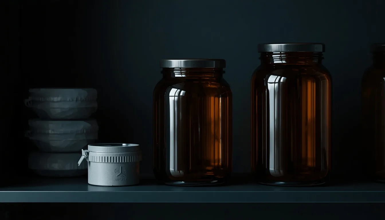 Airtight amber glass storage jars with humidity packs on a dark shelf
