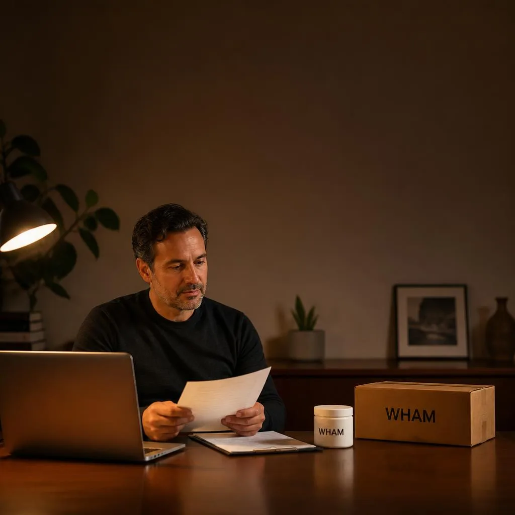 A man at a home desk in the early evening reading a printed document, an unopened NexaDistro shipping box beside him.