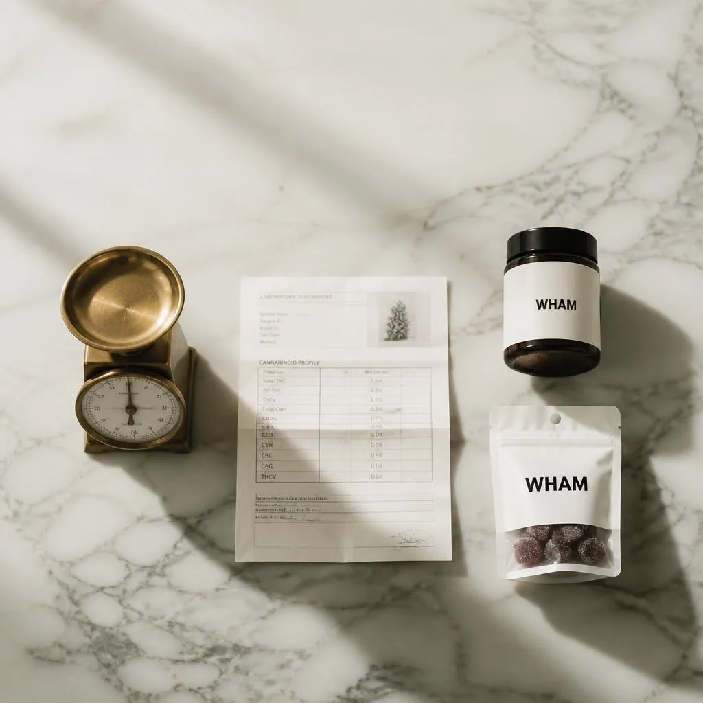 Overhead flat-lay on pale marble: a brass kitchen scale, a folded lab report, a sealed NexaDistro jar and a gummy pack.