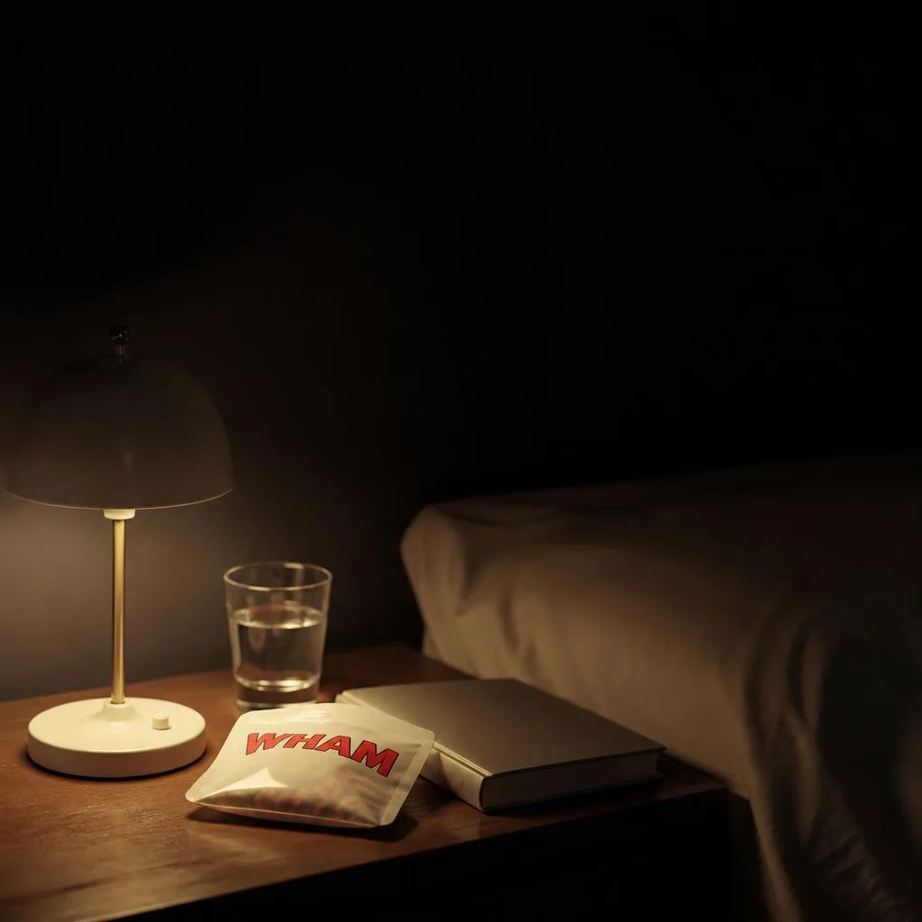 A dim bedside table at night: a lamp casting a warm pool of light over a book, a glass of water and a NexaDistro gummy pack.