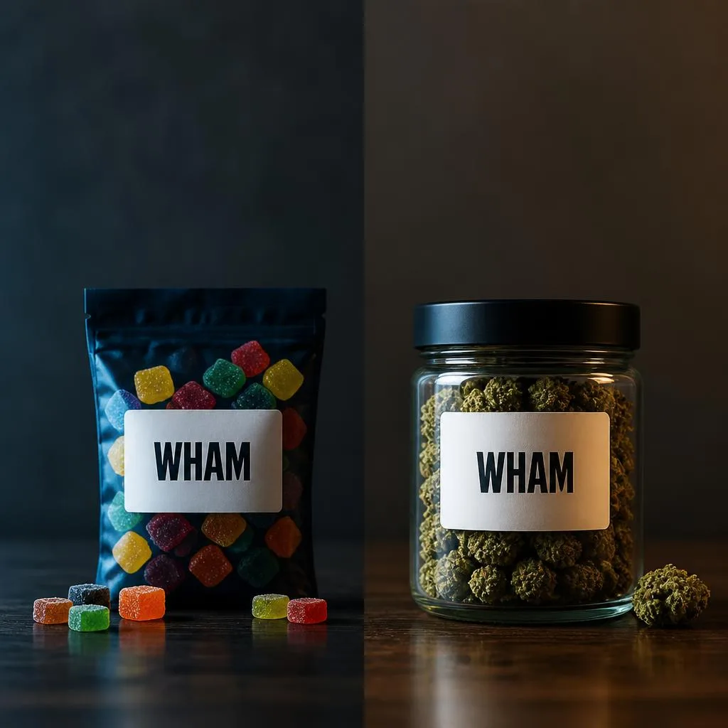 A NexaDistro gummy pack under cool light beside a sealed NexaDistro flower jar under warm light, split down the middle on dark wood.