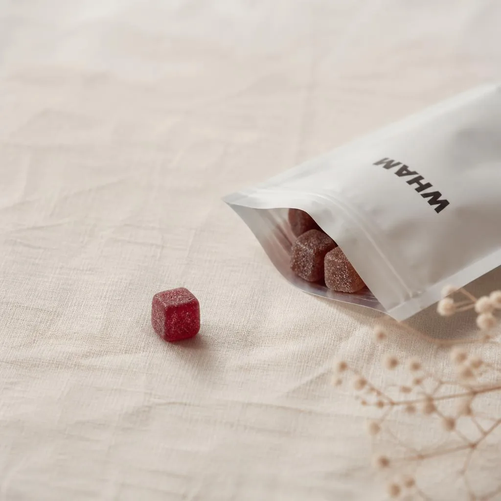 Macro overhead on pale linen: an open NexaDistro gummy pack with one gummy set apart from the others in sharp focus.