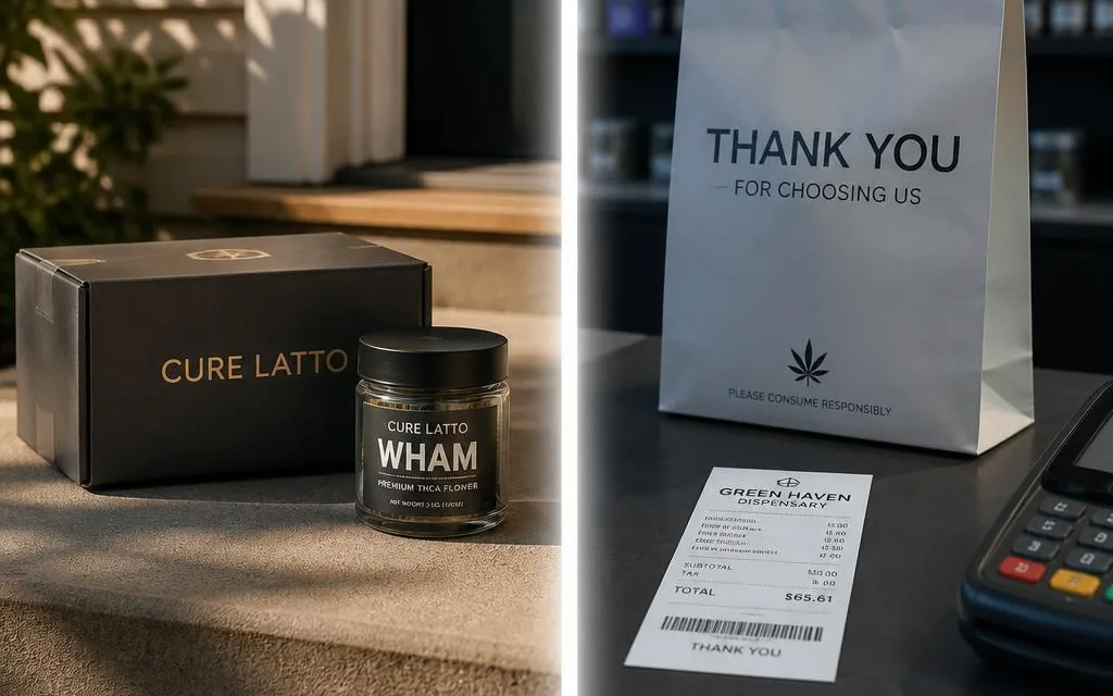 Split scene: a NexaDistro Cure Latto mailer box and jar delivered to a doorstep beside a dispensary bag and receipt at a counter