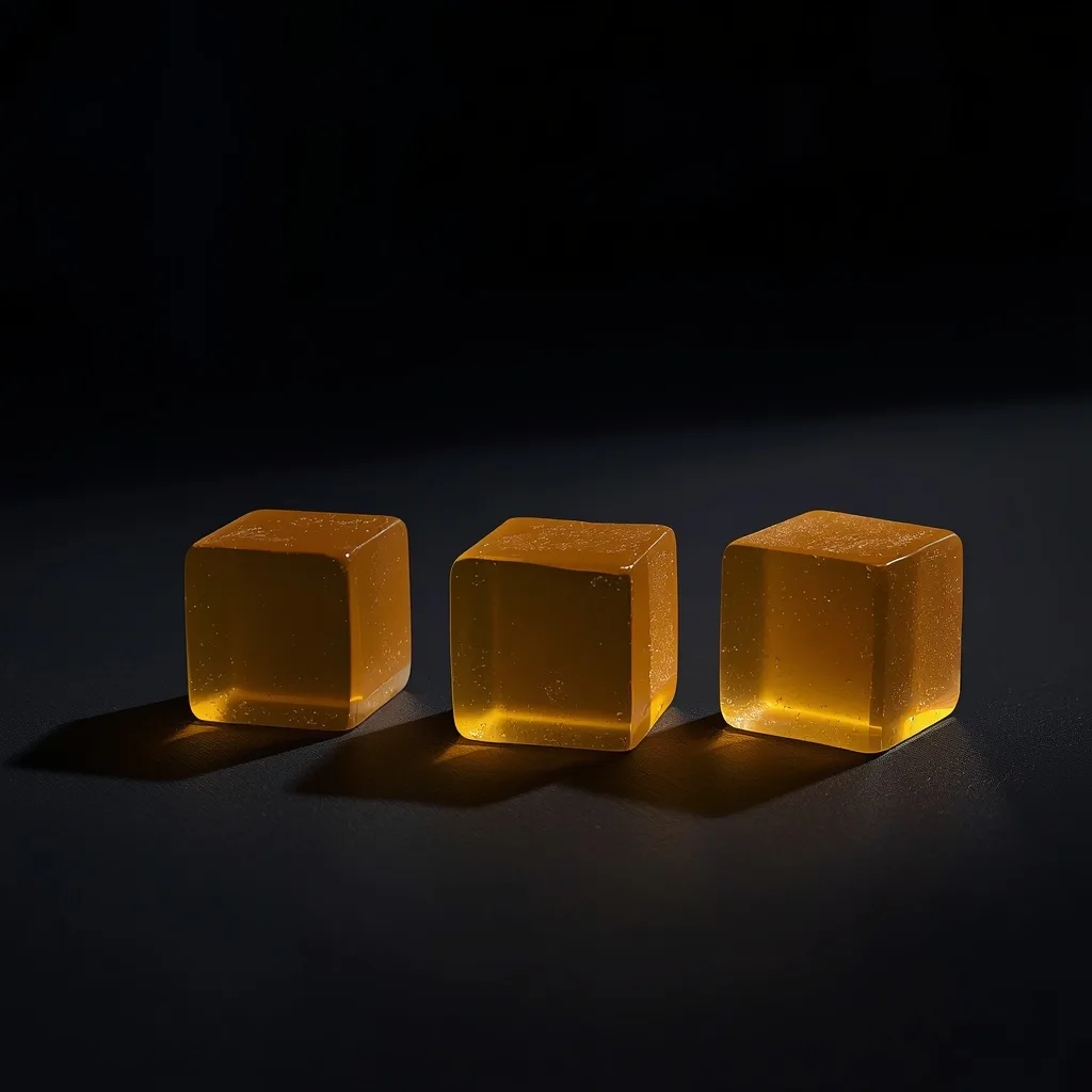 Three glossy amber gummy cubes on a dark surface under a calm moonlit-and-gold glow, illustrating a THCa vs CBD vs CBN comparison.