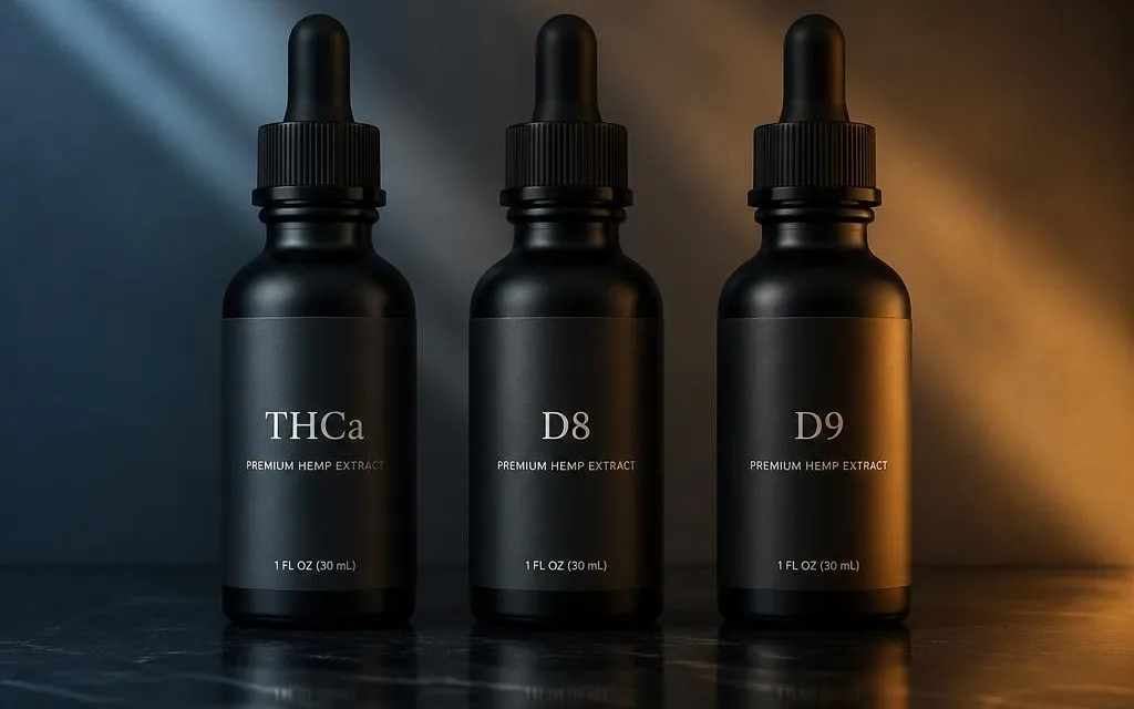 Three matte-black dropper bottles labeled THCa, D8 and D9 side by side under warm side light