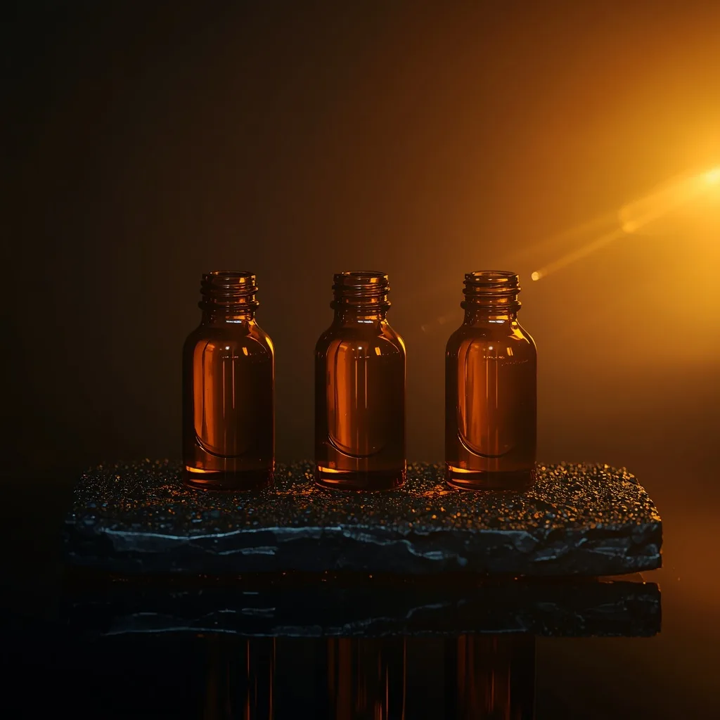 Three amber glass vials in a row on black stone, lit from dim to bright gold, illustrating a THCa vs THC vs CBD comparison.