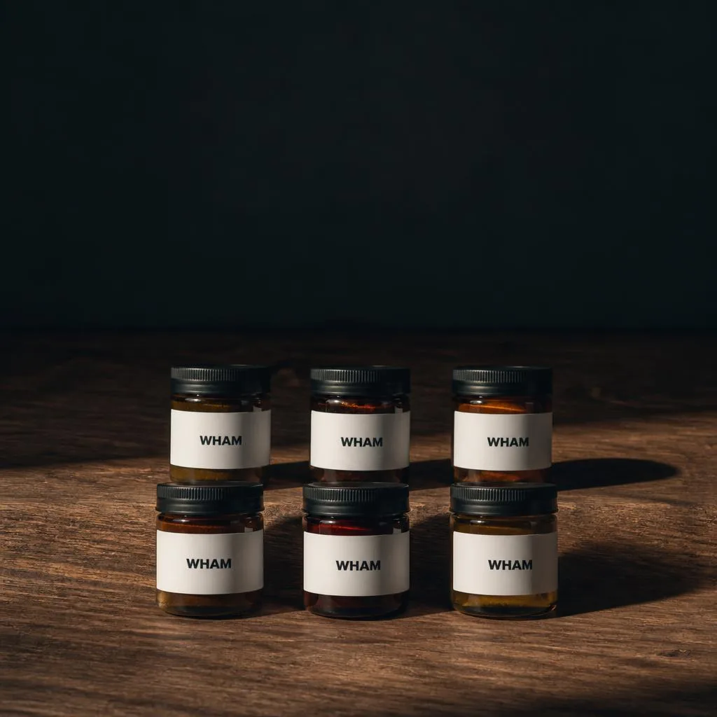 Six small sealed amber NexaDistro jars arranged in two rows of three on dark walnut under raking side light.