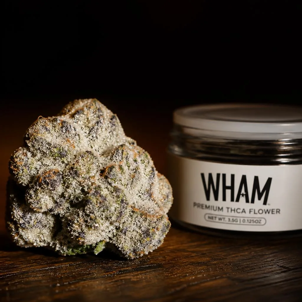 A frosty THCa snowcap nug coated in crystalline diamonds beside a NexaDistro jar, illustrating THCa moonrocks.