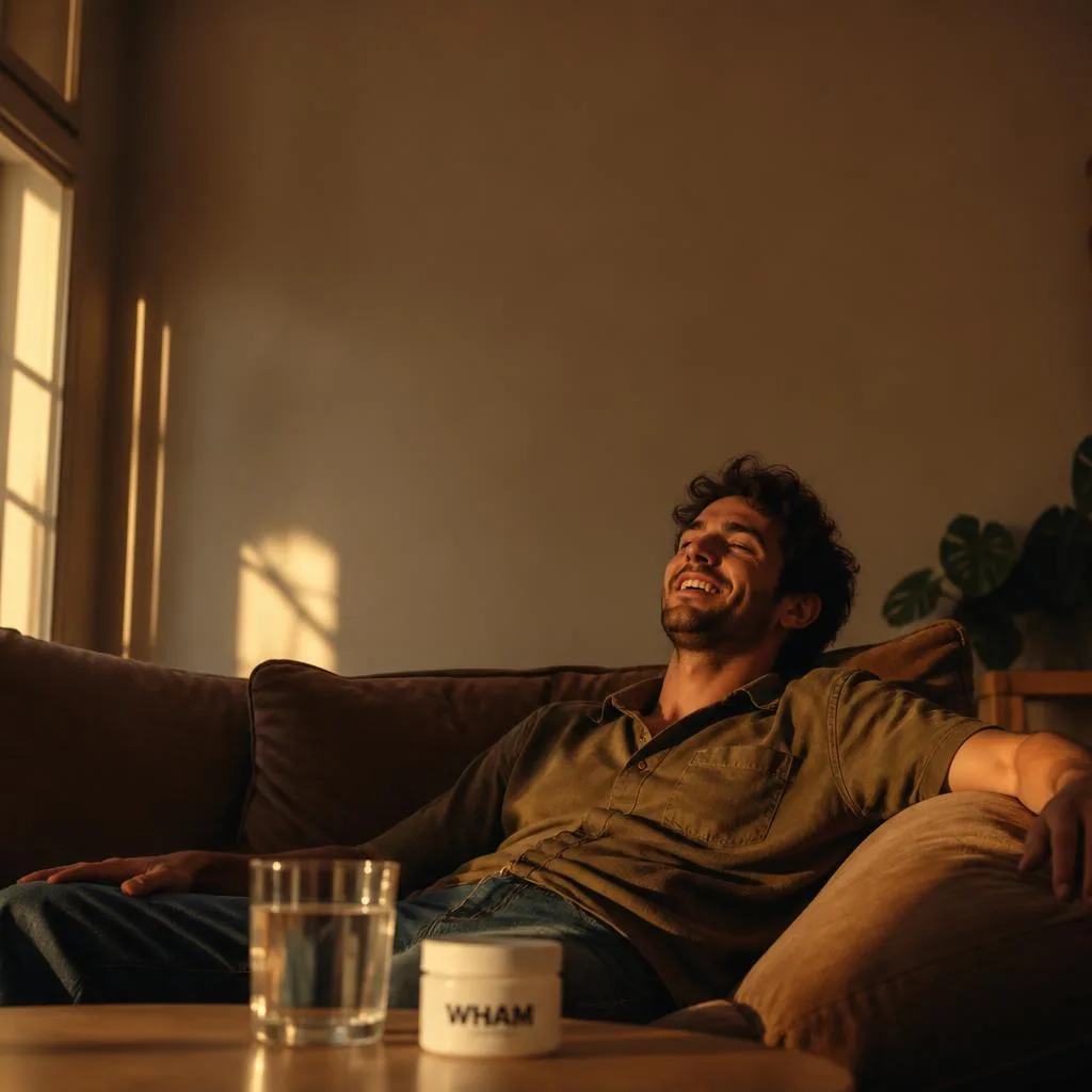 A man sunk into a deep sofa at golden hour, head tilted back and eyes half-closed, a NexaDistro jar and water on the table.