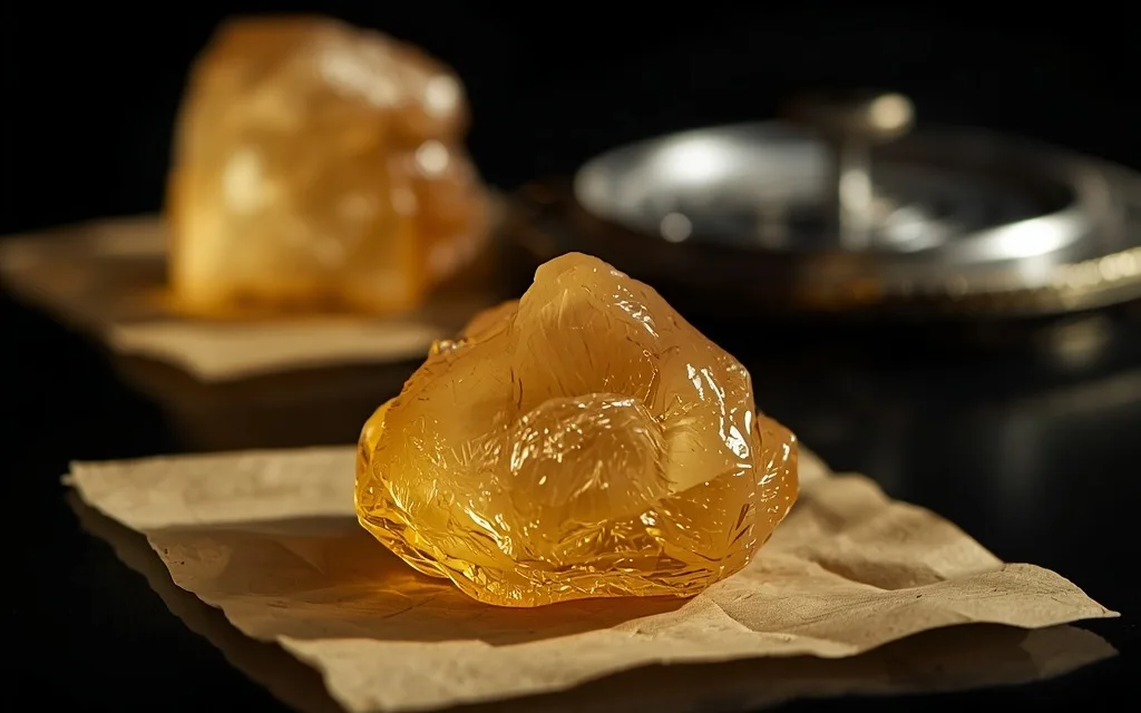 Macro close-up of glossy golden hash rosin on parchment paper with a rosin press plate behind