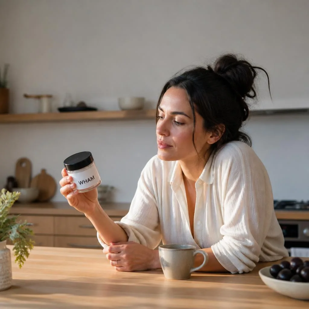 A woman in her early thirties at a sunlit kitchen island, turning a sealed NexaDistro jar in her hand to read the label.
